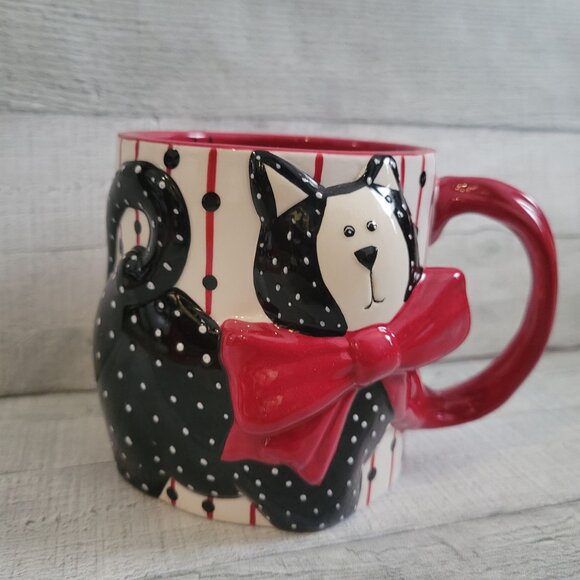 VTG Kitty 3D Black White Cat Mug Red Bow 16 Oz By Ros Gallery - Picture 2 of 7